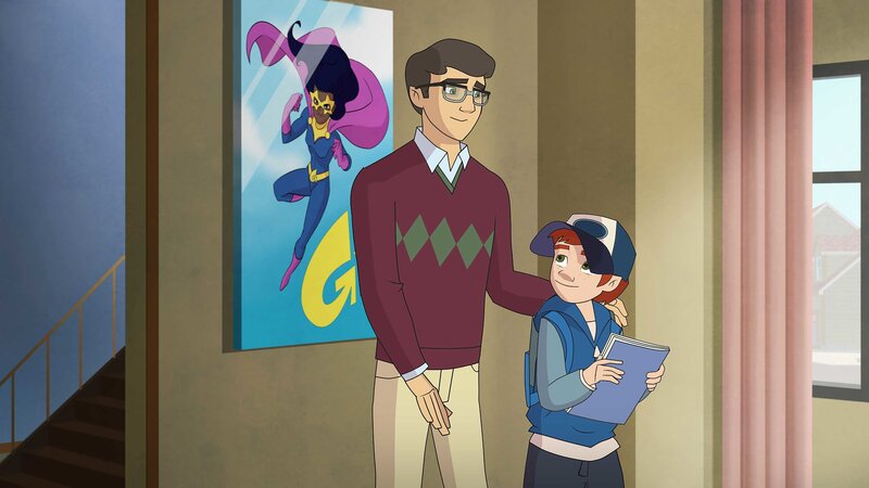 Paul, der Lebensgefährte von Frau Stratmann, passt nach einem versuchten Einbruch auf deren Haus auf während sie im Urlaub ist. Da Radieschen ihm dabei hilft, leiht er ihm eins von den wertvollen Comicheften. Auch das Bild von Galactogirl an der Wand ist einiges wert. – Bild: ZDF/​Edebé Audiovisual, B-Water