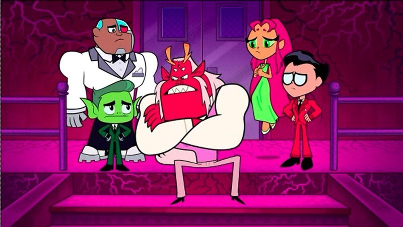 L-R: Cyborg, Beastboy, Trigon, Starfire, Robin. – Bild: Warner Bros.
