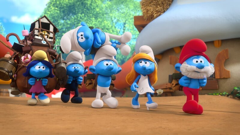 Schlumpfine und die anderen Schlümpfe schleppen Muffi zu einem Ausflug mit. – Bild: KiKA/​Peyo Productions, Dupuis Édition & Audiovisuell