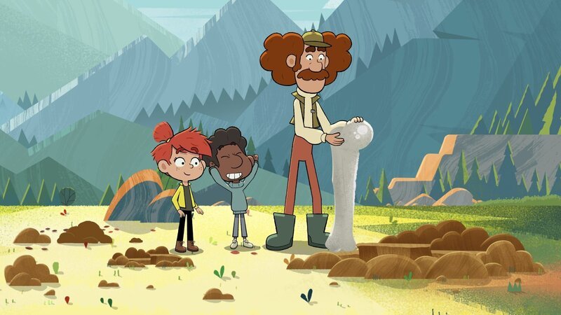 Tommy (M.) kann es kaum glauben: Er hat einen riesigen Knochen entdeckt, der ganz bestimmt von einem echten Dinosaurier stammt. Taylor (l.) und Jonas (r.) staunen. – Bild: ZDF und Watch Next Media