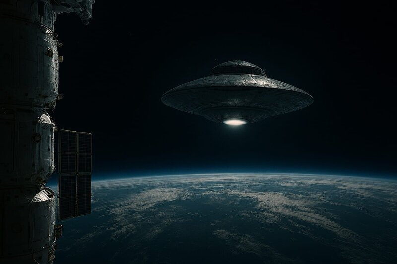 Ein Bild von der Internationalen Raumstation zeigt die Erdoberfläche, die von geheimnisvollen, geometrischen Lichtern erleuchtet wird. Seltsame, leuchtende Objekte schweben über der Atmosphäre und werfen unheimliche Schatten. Der Blick der Astronauten ist von Ehrfurcht und Angst erfüllt – als ob sie die ersten Anzeichen einer bevorstehenden Alien-Invasion beobachten. – Bild: Copilot