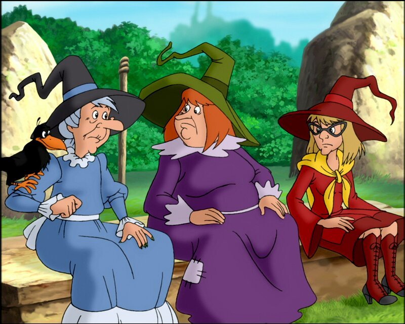 Den Hexenrat, bestehend aus Mania (l.), Walpurgia (M.) und Amanda (r.), belegt Bibi mit einem Bann. – Bild: ZDF/​A. Film A/​S und KIDDINX Studios GmbH.