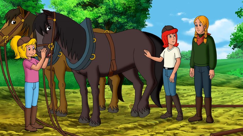 Linda (r.) vom Birkenhof erzählt Bibi (l.) und Tina (M.) von ihren Sorgen. – Bild: ZDF und Kiddinx – Berlin