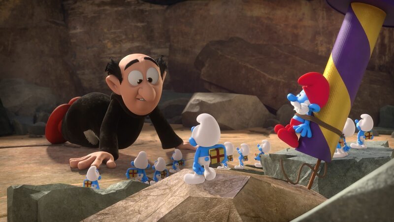 Können die Mini-Jokeys vielleicht helfen, Gargamel (hinter, l.) zu besiegen? – Bild: KiKA/​Peyo Productions, Dupuis Édition & Audiovisuell