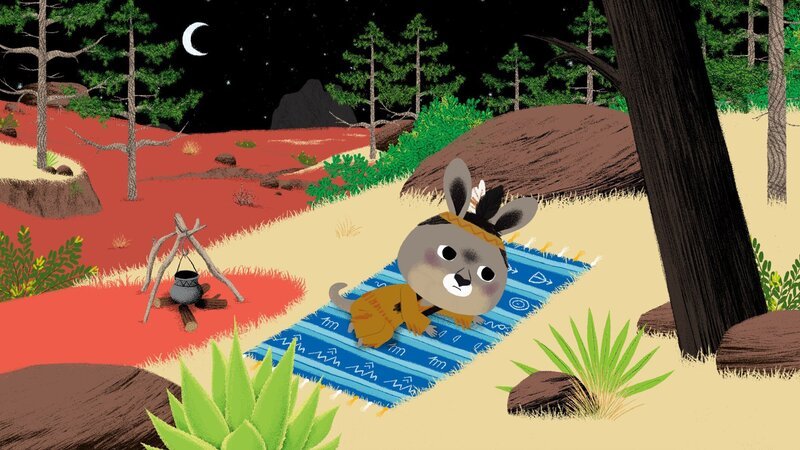 Weil Chavapa schlecht geschlafen hat, erzählt ihm Sedona die Legende von einem Indianerjungen, der ständig Albträume hatte und nie genug Schlaf bekam, bis er eines Nachts draußen schlief. – Bild: KiKA/​Millimages