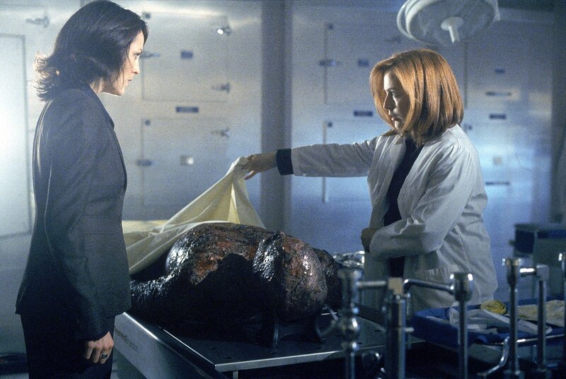 Reyes (Annabeth Gish, l.) und Scully (Gillian Anderson, r.) untersuchen eine Leiche, die angeblich Knowle Rohrer sein soll. – Bild: Tele 5