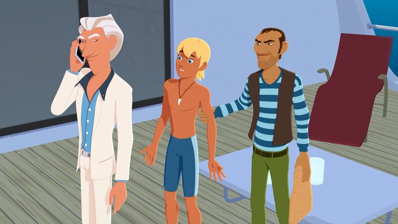 Van Krook (l.) hat Yann (M.) von Rico (r.) entführen lassen, um damit die Herausgabe eines wertvollen Meteoriten zu erpressen. – Bild: ZDF und Media Valley/​ Marzipan Films