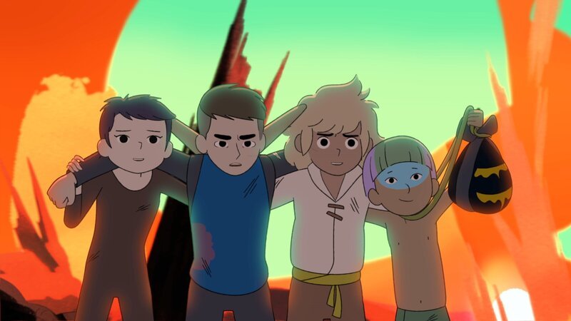 Tobie (2. v. re.) und seine Freunde Mondkopf (re.), Leo (2. v. li.) und Elisha (li.) haben ihren Freund Leo aus den Flammen gerettet. – Bild: TANT MIEUX PROD/​ ZDF/​ ZDF STUDIOS/​ UMEDIA