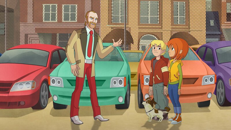 Das Auto von Kommissar Martinez wurde gestohlen. Die Suche nach dem Auto führt Kalle, Dandy und Steffi zum Autohändler Karowski. – Bild: ZDF /​ Edebé Audiovisual /​ B-Water