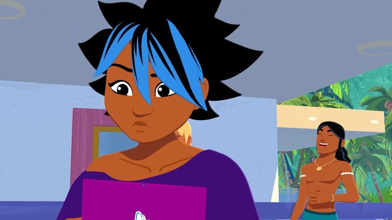 Maimiti (l) hat ein Gerät entwickelt, das die Sprache von Delfinen übersetzen kann. Auru (r.) kann nicht glauben, dass das funktionieren soll. – Bild: ZDF und Media Valley/​Marzipan Films