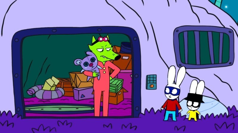 Professor Wolf (l.) hat den Mond gestohlen, damit er nicht mehr von dessen hellem Licht geweckt wird. Superhase (M.) und Captain Hase (r.) wollen den Mond retten. – Bild: ZDF und GO-N Productions