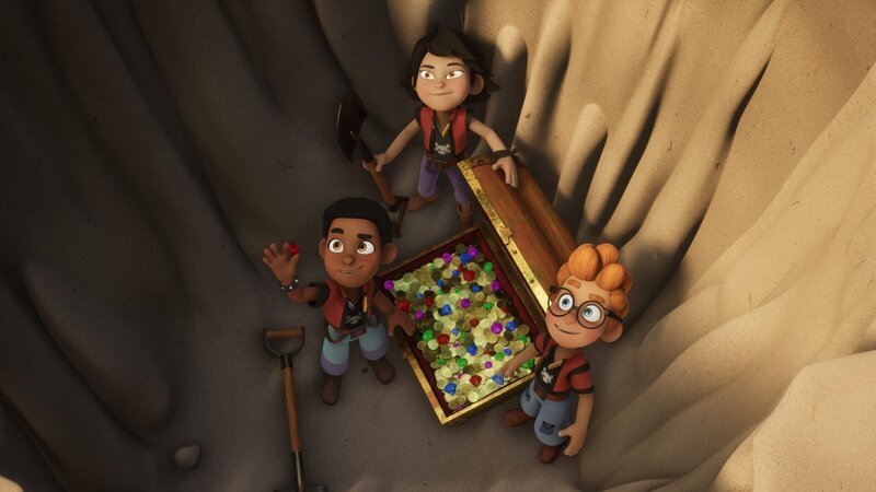 Die Sardinen sind glücklich, denn sie haben tatsächlich den Schatz von Käpt’n Goldbart finden können. Aber jetzt sitzen sie in der Falle. Von links: Finn, Zoe und Alexander – Bild: Method Animation – Mediawan kids & family