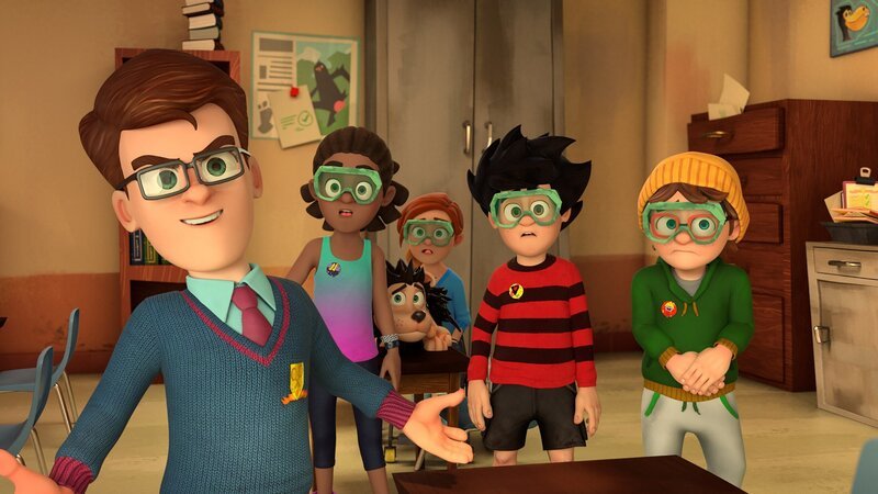 Walter (l.) teilt JJ (2.v.l.), Fletscher und Rubi (m.), Dennis (2.v.r.) und Torte (r.) voller Schadenfreude mit, dass sein Vater, der Bürgermeister, den Hausmeister Ralf, wegen zu vieler Streiche auf der Schule, entlassen wird. – Bild: SUPER RTL