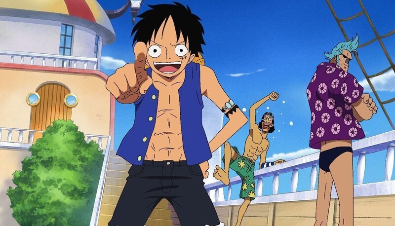 Gleich zwei Überraschungen warten auf die Strohhüte, als sie bei den Fliegenfisch-Riders eintreffen. Duval, der mit Ruffy und den Freunden noch ein Hühnchen zu rupfen hat, erwartet sie bereits. . One Piece, Staffel 7 – Bild: Eiichiro Oda /​ Shueisha, Toei Animation