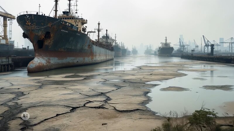 Ein verlassener Hafen mit mehreren rostigen Frachtschiffen entlang eines Wasserwegs; im Vordergrund trockene, rissige Schlammflächen, im Hintergrund industrielle Kräne und Strukturen unter nebligem oder verschmutztem Himmel. – Bild: A+E Global Media, THE HISTORY CHANNEL