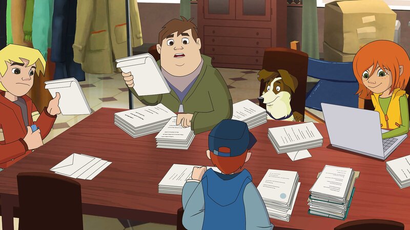 Kalle hat seine Arbeit für den Produzenten über Tage vernachlässigt. Seine Freunde helfen ihm und finden interessante Informationen. – Bild: ZDF /​ Edebé Audiovisual /​ B-Water