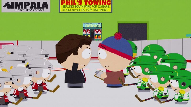 L-R: Adams County Pee-Wee Hockey Team, Adams County-Trainer, Stan, Park County Pee-Wee Hockey Team – Bild: Comedy Central