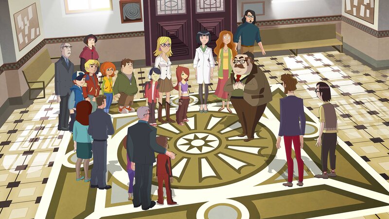 Herr Schlüter will die 100 Jahre alte und wertvolle Zeitkapsel im Foyer der Schule bergen – sie soll sich unter der runden Kachel befinden. – Bild: ZDF/​Edebé Audiovisual, B-Water