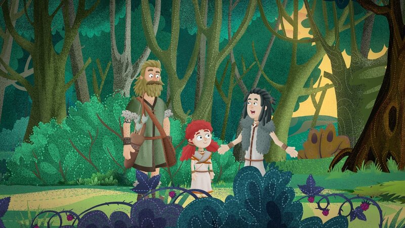 Leva (Mitte) und Mimo (rechts) wollen etwas vom Jäger und seinen Fähigkeiten lernen, doch Mimo hat eine viel bessere Idee. – Bild: KiKA/​Mideu Films/​MDR/​hr/​BR/​SWR/​WDR