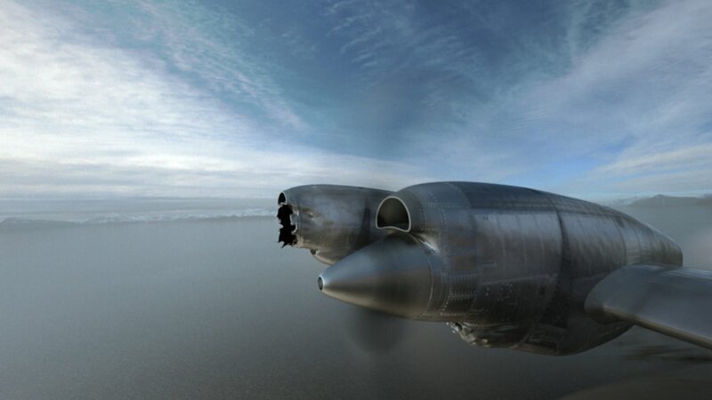 Einer der Propeller des Reeve Aleutian Airways Fluges 8 bricht ab und stürzt auf den Rumpf des Flugzeugs zu, direkt auf die Flugbegleiterin Wendy Kroon. – Bild: NGC /​ Cineflix /​ NGC /​ 2012 Cineflix