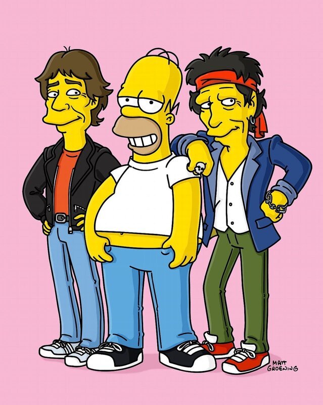 Homer (M.) fühlt sich sichtlich wohl zwischen den Rockstars Keith Richards (r.) und Mick Jagger (l.) … – Bild: ProSieben