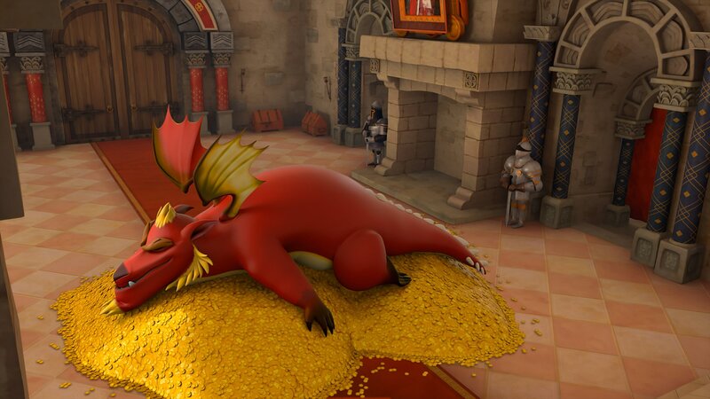 Prinz John wurde in einen Drachen verwandelt und nutzt seine angsteinflößende Gestalt, um an mehr Gold zu kommen. – Bild: ZDF/​Method Animation /​ ZDF Studios