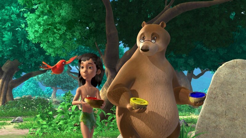 Balu und Mogli gehen zum Fluss, um die Farben mit Wasser zu mixen. Darsi ist von Moglis ungewöhnlichen Fähigkeiten begeistert – hat Mogli Zauberkräfte? – Bild: ZDF/​DQ Entertainment