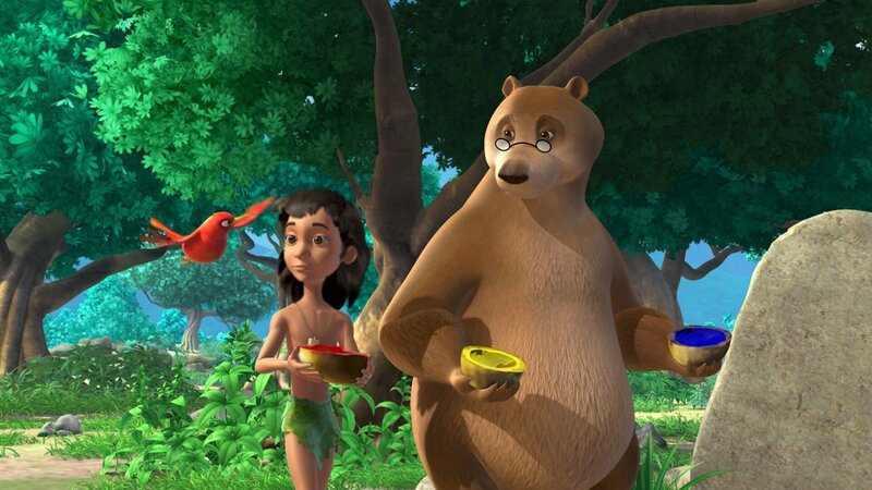 Balu und Mogli gehen zum Fluss, um die Farben mit Wasser zu mixen. Darsi ist von Moglis ungewöhnlichen Fähigkeiten begeistert – hat Mogli Zauberkräfte? – Bild: ZDF/​DQ Entertainment
