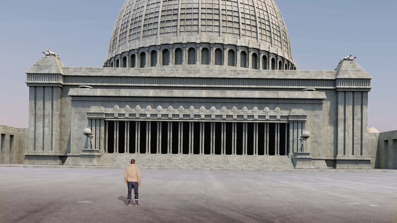 Hitler’s planned Volksturm Building in Germania, with James Holland in foreground. – Bild: The National Geographic Channel