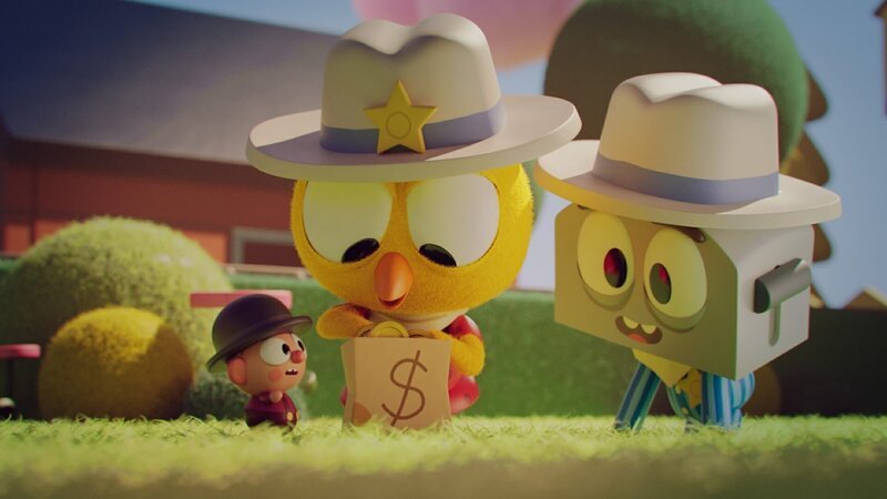 Stolz präsentiert Sheriff Karla (Mitte) ihren Freunden Bob (links) und Toast (rechts) die von den Banditen eroberten Schokogoldmünzen. Da staunen die beiden nicht schlecht. – Bild: ZDF/​ DR, Sparre Production, GODO Films