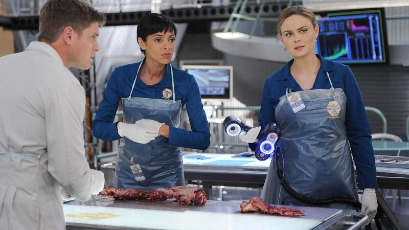 Wendell (Michael Grant Terry), Cam (Tamara Taylor, M.) und Brennan (Emily Deschanel) untersuchen die sterblichen Überreste des Opfers, um die Todesursache herauszufinden. – Bild: TVNOW /​ FOX