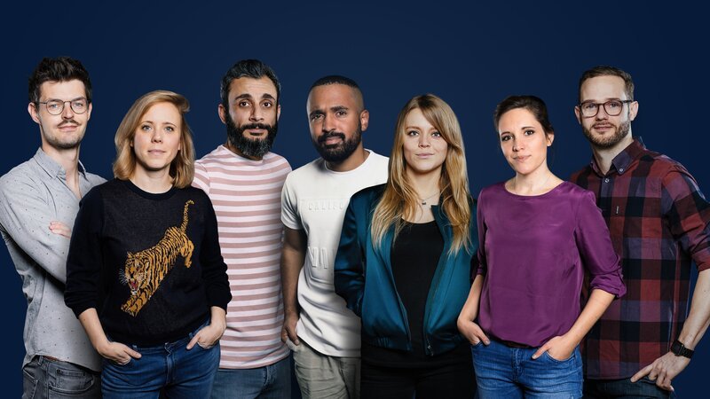 Die Respekt Moderatoren (von links): Sebastian Leidecker, Christina Wolf, Ramo Ali, Malcolm Ohanwe, Sabine Pusch, Verena Hampl und Rainer Maria Jilg. – Bild: BR /​ Lisa Hinder