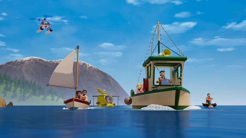 Eine Parade mit Wasserfahrzeugen zieht alle an die Küste von Pontypandy. Dort sorgt Hannah mit einem U-Boot für Wirbel. – Bild: Piece of Magic Entertainment