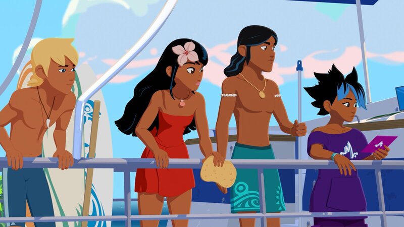 Von links: Yann, Timeti, Auru und Maimiti – Sie suchen nach der Delfinmutter, nachdem zwei Orkas einen einsamen kleinen Delfin im Meer gefunden und ihn zu Zoom gebracht hatten. – Bild: ZDF and Media Valley/​ Marzipan Films