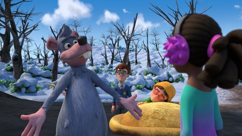 Dennis und seine Freunde gelangen über eine riesige Kletterbohne nach Gigantotown. Dort leben Riesen, die Fletscher gefangen halten. Die Freunde wollen ihn befreien und treffen dabei auf eine Ratte, die ihnen den Weg zeigt. Außerdem erklären ihr die Freunde, was es mit Weihnachten auf sich hat. – Bild: SUPER RTL