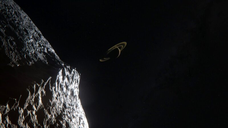 Der eisige Saturnmond Iapetus ist ein besonders ungewöhnlicher Himmelskörper. Neben seinem Äquatorwall hat seine Oberfläche zwei scharf abgetrennte Seiten – eine weiße und eine schwarze. – Bild: ZDF und BBC
