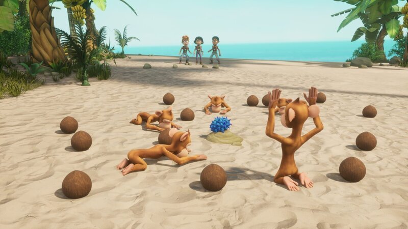 Die Sardinen haben auf einer kleinen Insel die Grüllbeiß-Frucht gefunden. Allerdings wird es nicht leicht sein, sie den Affen abzuluchsen. Alexander (l.) Zoe (M.) und Finn (r.) wollen es versuchen. – Bild: Method Animation – Mediawan kids & family