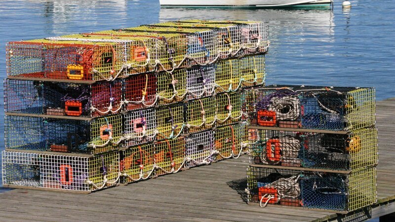 Brightly colored lobster traps and harbor view. – Bild: steve estvanik/​cascoly/​cascoly