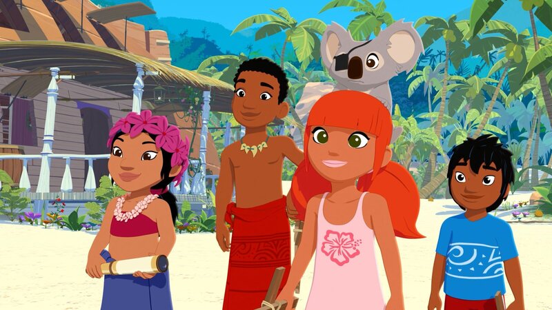 Marina (2.v.r.) spielt mit Tevaiti (l.), Onaku (2.v.l.) und Kai (r.) heute Piratenbande. – Bild: ZDF und Media Valley/​Marzipan Films