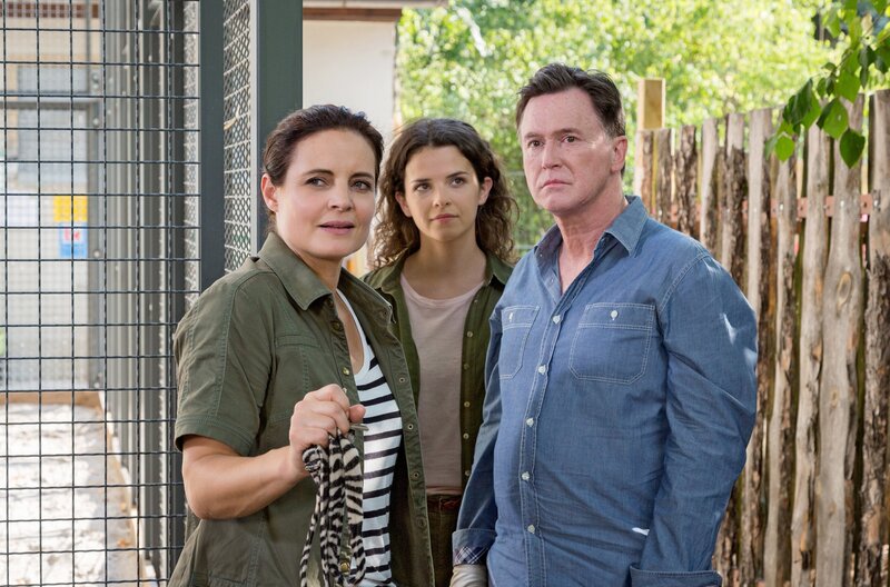 Wolfgang Neubert (Uwe Bohm, rechts) erkundigt sich nach Krokodil Nero und möchte das Restgeld für sein Tier bei Zoodirektorin Amal Bekele abholen. Bei allem was vorgefallen ist und er verheimlicht hat, wird er sein Geld nicht bekommen. Tierärztin Susanne Mertens (Elisabeth Lanz, links) und Assistenzärztin Karoline Schneider (Maxine Kazis, Mitte) können sich ein bisschen Schadenfreude nicht verkneifen. – Bild: ARD/​Steffen Junghans