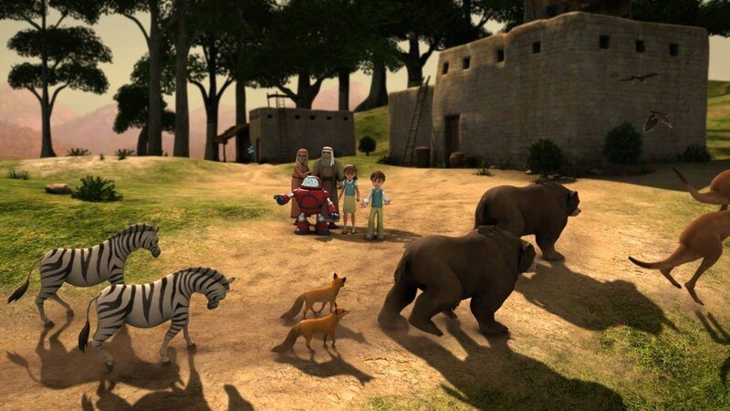 Gizmo, Chris und Joy sind mit dabei als die Tiere paarweise an Bord der Arche gehen. – Bild: Bibel TV