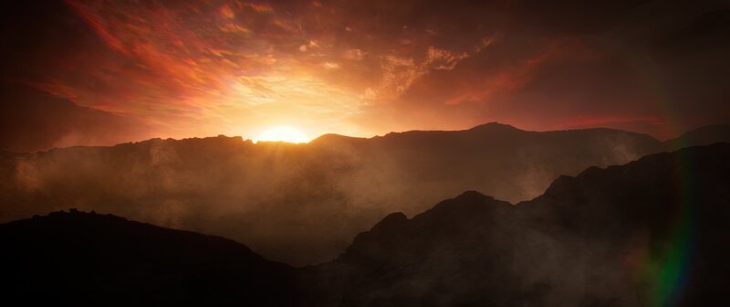 Gase verdichten sich und bilden eine erste Atmosphäre. Ein hoher Methananteil würde zu einem orangen Himmel führen. – Bild: BBC Studios /​ ZDF