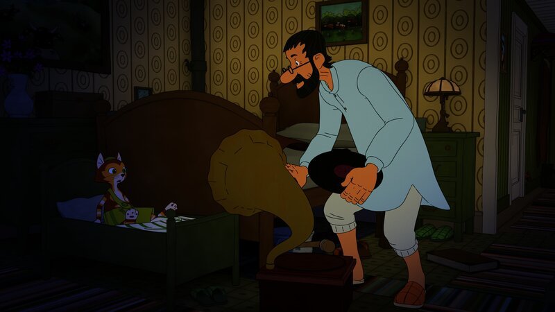 Als Findus eines Abends nicht einschlafen kann, spielt ihm Pettersson auf einem Grammophon Geigenmusik vor. – Bild: Edel Germany GmbH /​ ZDF