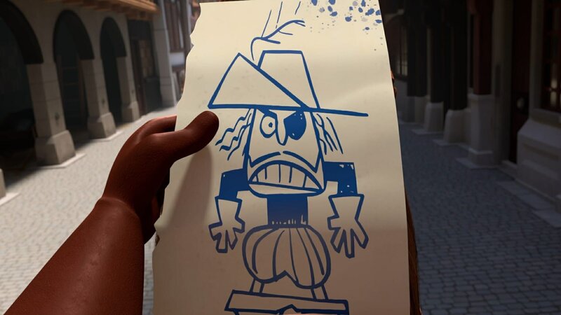 Jemand hat Hauptmann Rochefort diese Karikatur auf den Rücken geklebt. Das ist Majestätsbeleidigung. – Bild: ZDF/​Method Animation/​Palomar/​ZDF Studios