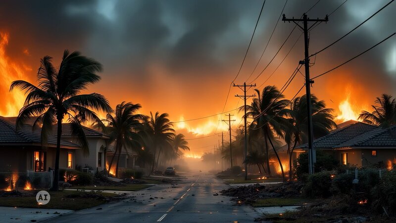 Eine Straße mit Palmen und Wohnhäusern auf beiden Seiten, während der Himmel von dunklen Wolken und einem intensiven orangefarbenen Leuchten eines großen Feuers im Hintergrund erfüllt ist. Stromleitungen verlaufen entlang der Straße; das Feuer scheint das Gebiet hinter den Häusern zu verschlingen. – Bild: A+E Global Media, THE HISTORY CHANNEL