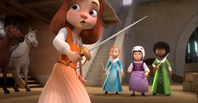 Charlotte (links) will es nacheinander mit drei Gegnerinnen aufnehmen. Sie ahnt nicht, dass die drei Mädchen Olivia (2. von links), Isa (2. von rechts) und Inès (rechts) die drei Musketiere sind. – Bild: ZDF/​Method Animation/​Palomar/​ZDF Studios