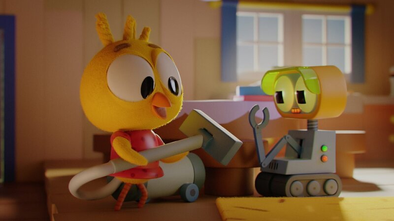 Karla (links) ist begeistert, dass Robbie (rechts) für sie alle Aufgaben im Haushalt übernimmt. Als Nächstes steht Staubsaugen an. – Bild: ZDF/​DR, Sparre Production, GODO Films