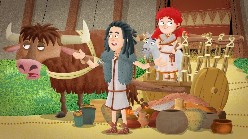 Mimo und Leva beginnen auf dem Handelsplatz mit ihren Waren zu handeln. – Bild: KiKA/​Mideu Films/​MDR/​hr/​BR/​SWR/​WDR