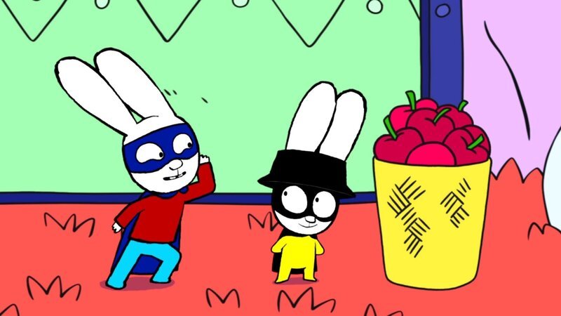 In ihrer Superhelden-Fantasiewelt müssen Superhase (links) und Captain Hase (rechts) den Korb mit gestohlenen Äpfel zurückerobern. – Bild: GO-N Productions