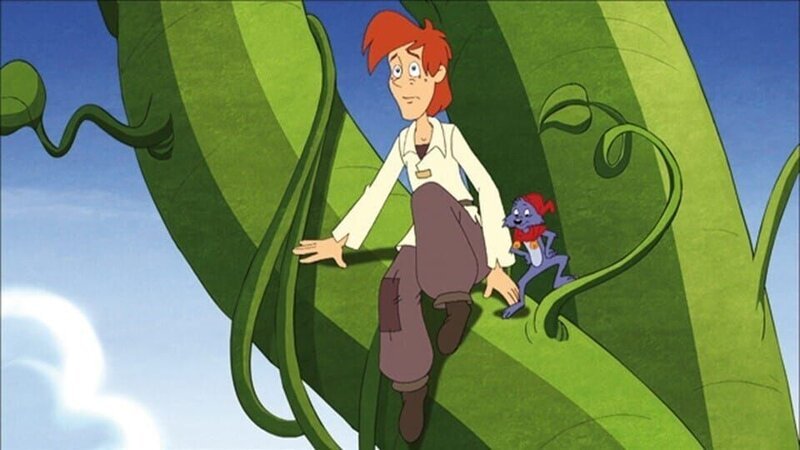 Aus den Bohnen ist eine riesige Bohnenranke in den Himmel gewachsen. Hans, Yoyo und Doc Croc klettern hinauf und müssen dort einen bösen Riesen besiegen. – Bild: Kinderkanal